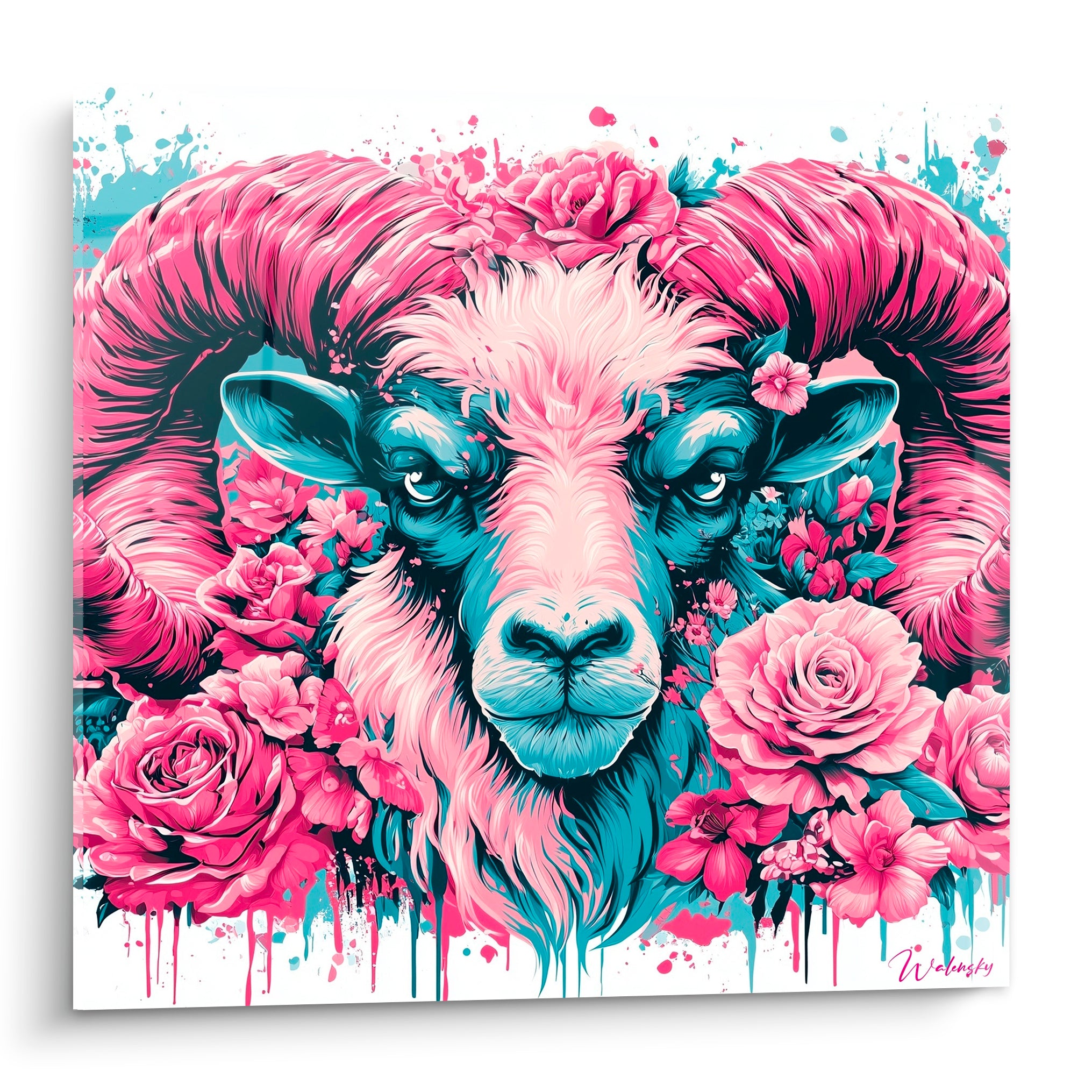 Bélier au regard bleu perçant, cornes rose fuchsia et couronne de roses fuchsia et rose poudré