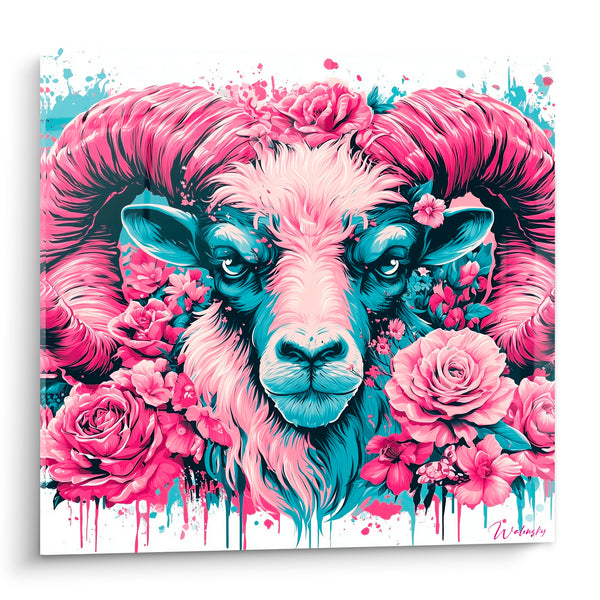 Cuadro Borrego Rosa Fucsia y Azul Petróleo Floreado - Instinto Floreado - Edición Borrego
