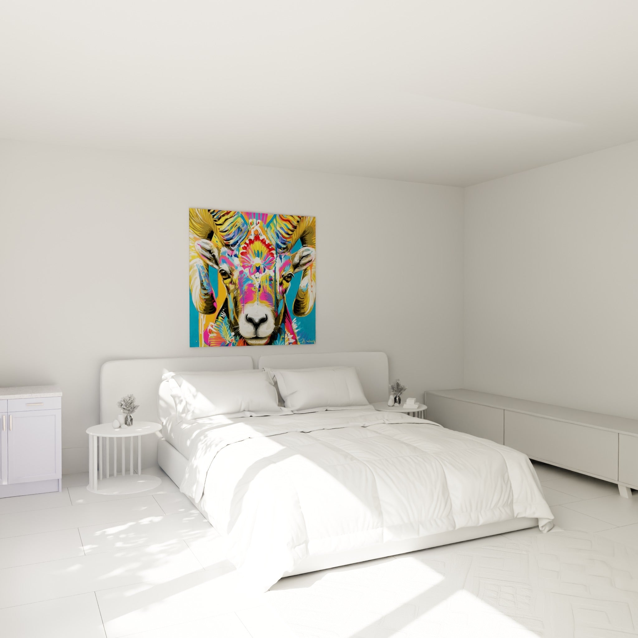 Cornes dorées et visage fuchsia du Bélier au-dessus d'un lit dans une chambre claire