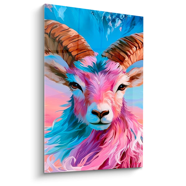 Cuadro de carnero rosa fucsia y azul turquesa, cuernos dorados - Visión onírica - Edición Carnero