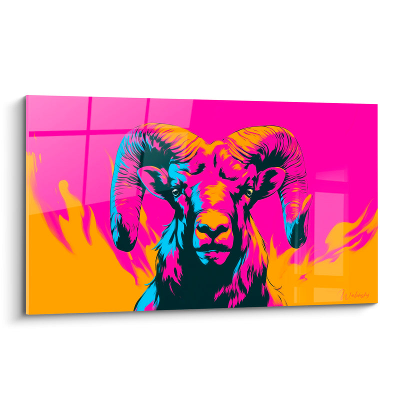 Tableau Bélier rose fuchsia et orange flammes - Confrontation flamboyante - Edition Bélier