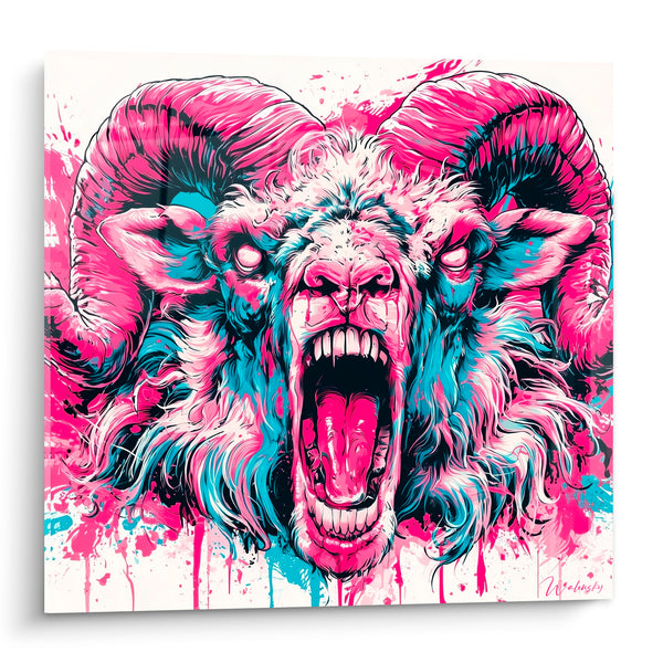 Cuadro de carnero rosa fucsia azul turquesa boca abierta - Rugido salvaje - Edición Carnero