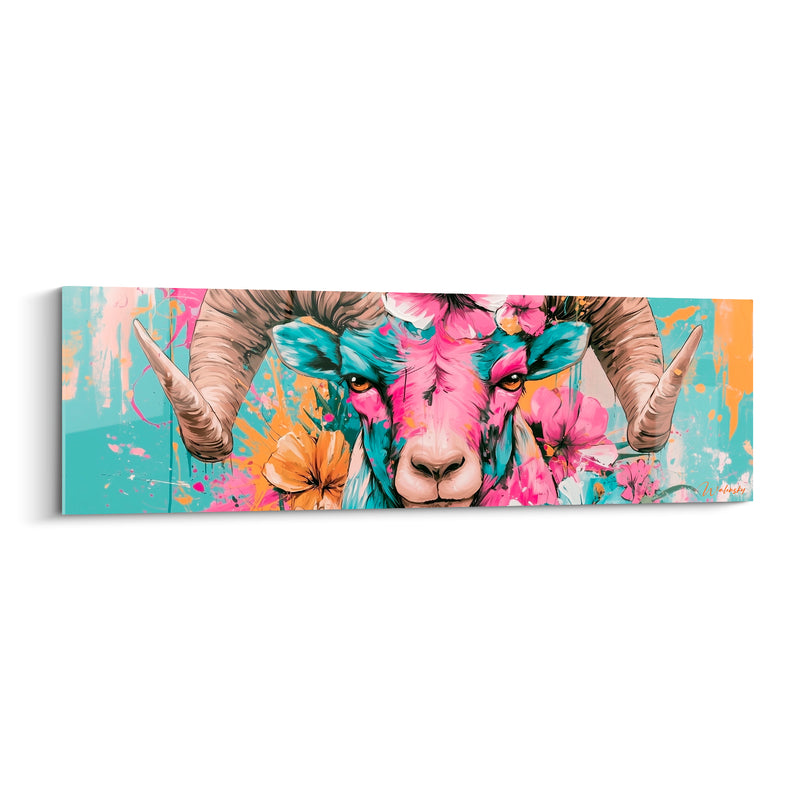 Tableau Bélier rose et turquoise fleurs orangées éclaboussées - Regard ambré perçant - Edition Bélier