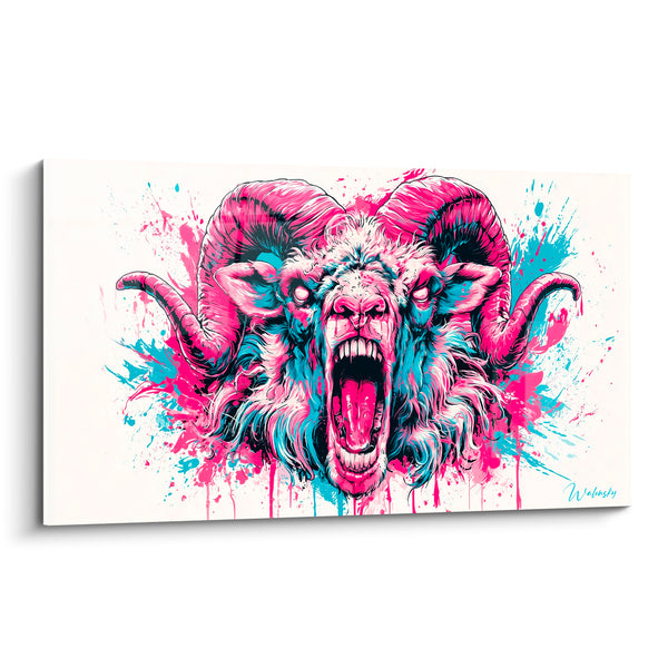 Cuadro de carnero rosa fucsia y azul turquesa rugiendo - Grito primal - Edición Carnero