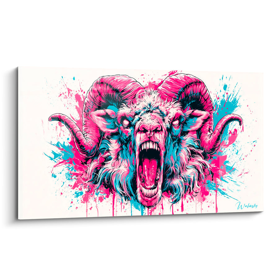 Tableau Bélier rose fuchsia et bleu turquoise rugissant - Cri primal - Edition Bélier