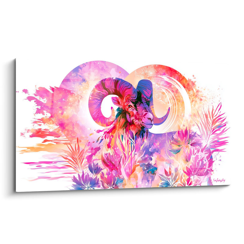Tableau Bélier rose magenta et orangé fleurs tropicales - Éveil floral intérieur - Edition Bélier