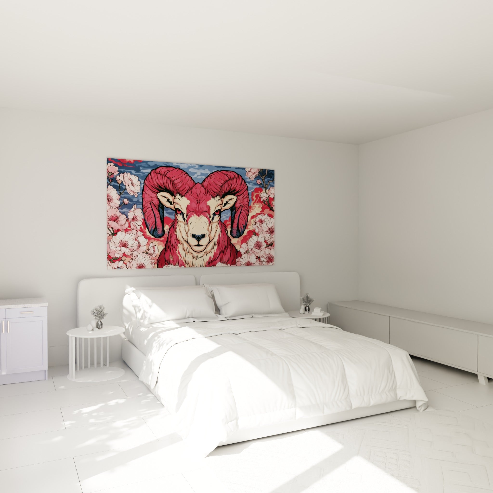 Cornes spiralées et pelage rose vif du Bélier, accrochées au-dessus d'un lit dans une chambre claire