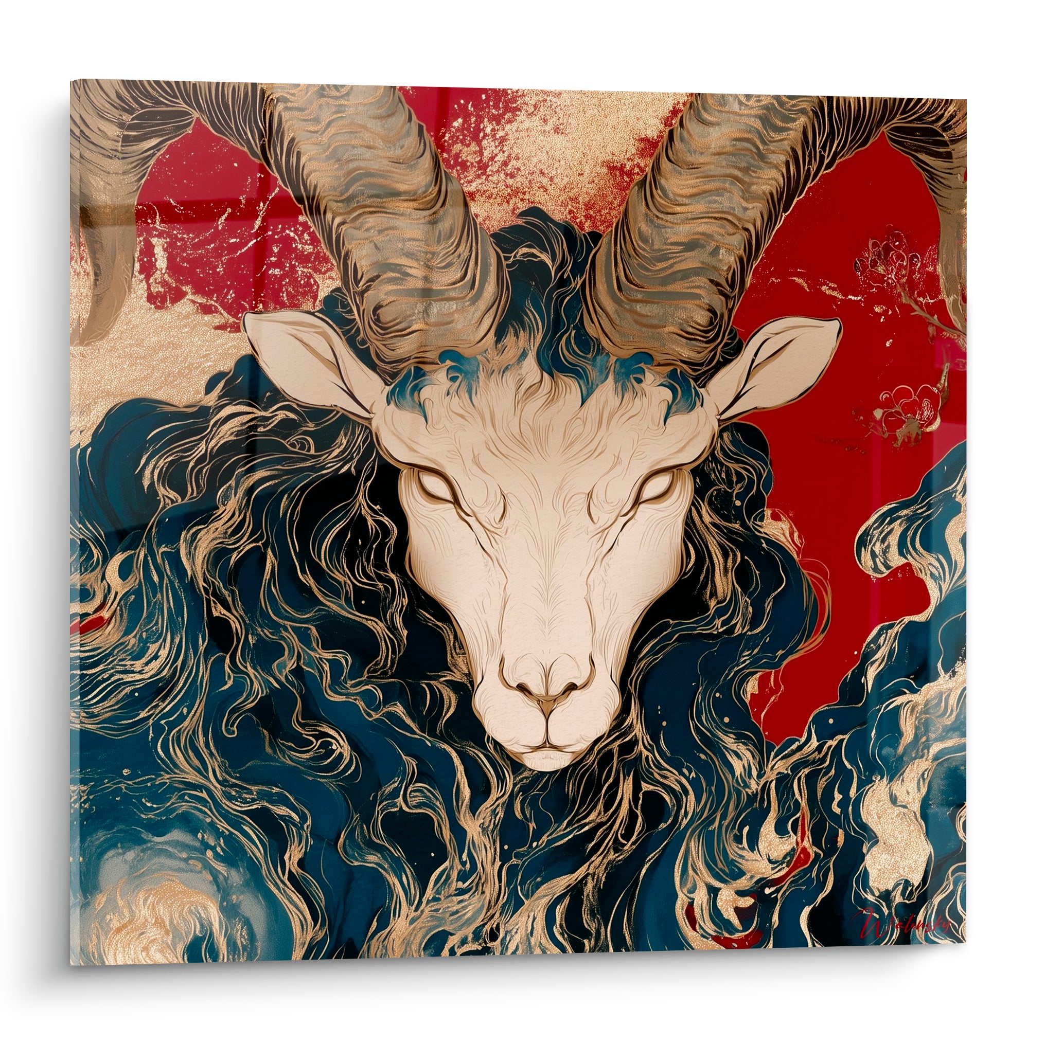 Bélier illustré en crème, cornes torsadées dorées, fond rouge et bleu marine tourbillonnant