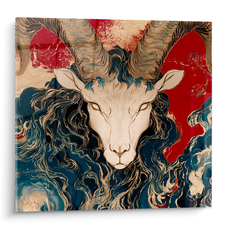 Tableau Bélier rouge et bleu marine crinière tourbillonnante dorée - Vagues encre marbrée - Edition Bélier