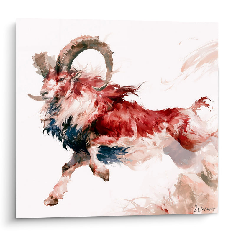 Tableau Bélier rouge brique et bleu marine bondissant - Élan fulgurant - Edition Bélier