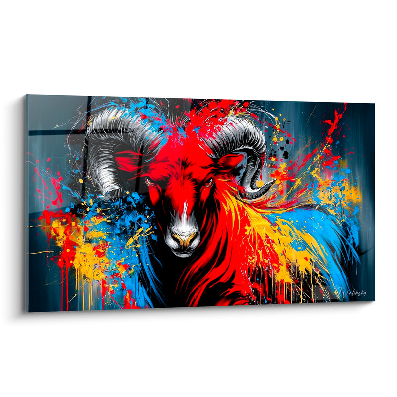 Tableau Bélier rouge et bleu éclaboussures colorées - Décharge instinctive - Edition Bélier