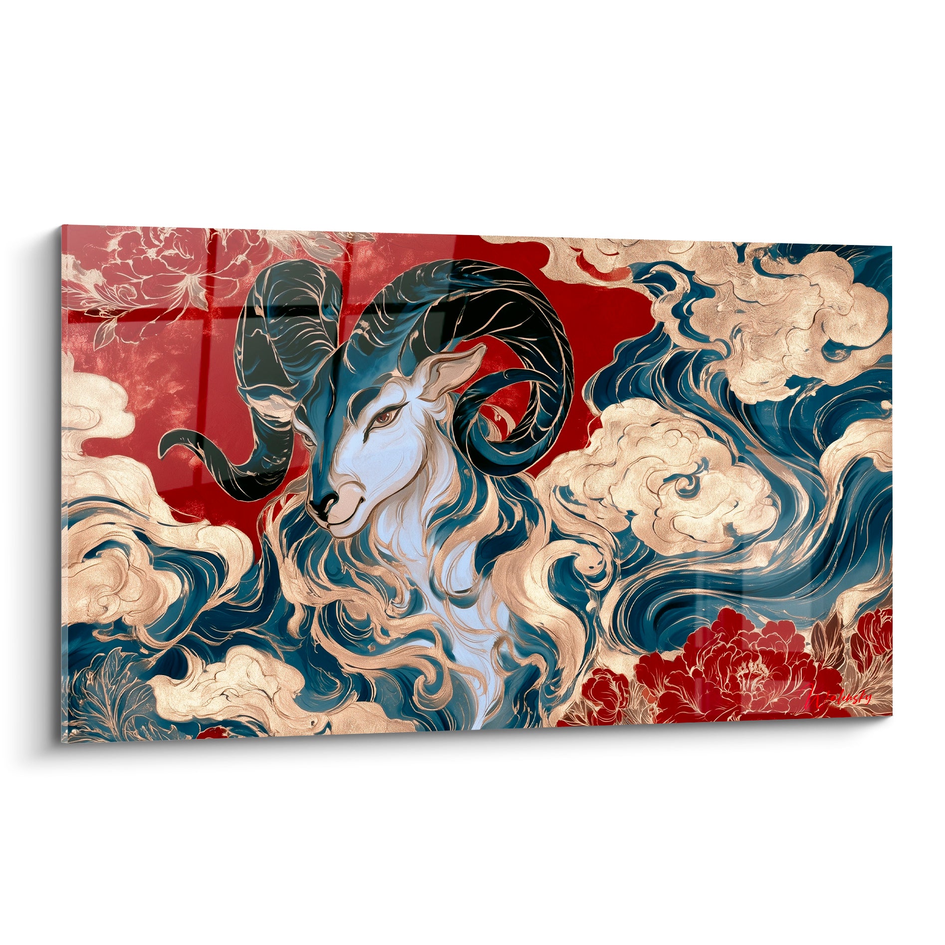 Bélier à cornes bleu marine et noires se détachant sur un fond rouge terracotta orné de nuages dorés