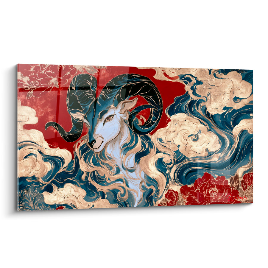 Tableau Bélier rouge et bleu marine cornes dorées - Souffle céleste - Edition Bélier