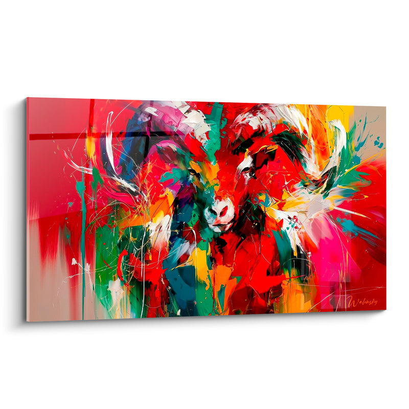 Tableau Bélier rouge vermillon et vert émeraude cornes éclatées - Choc des cornes - Edition Bélier
