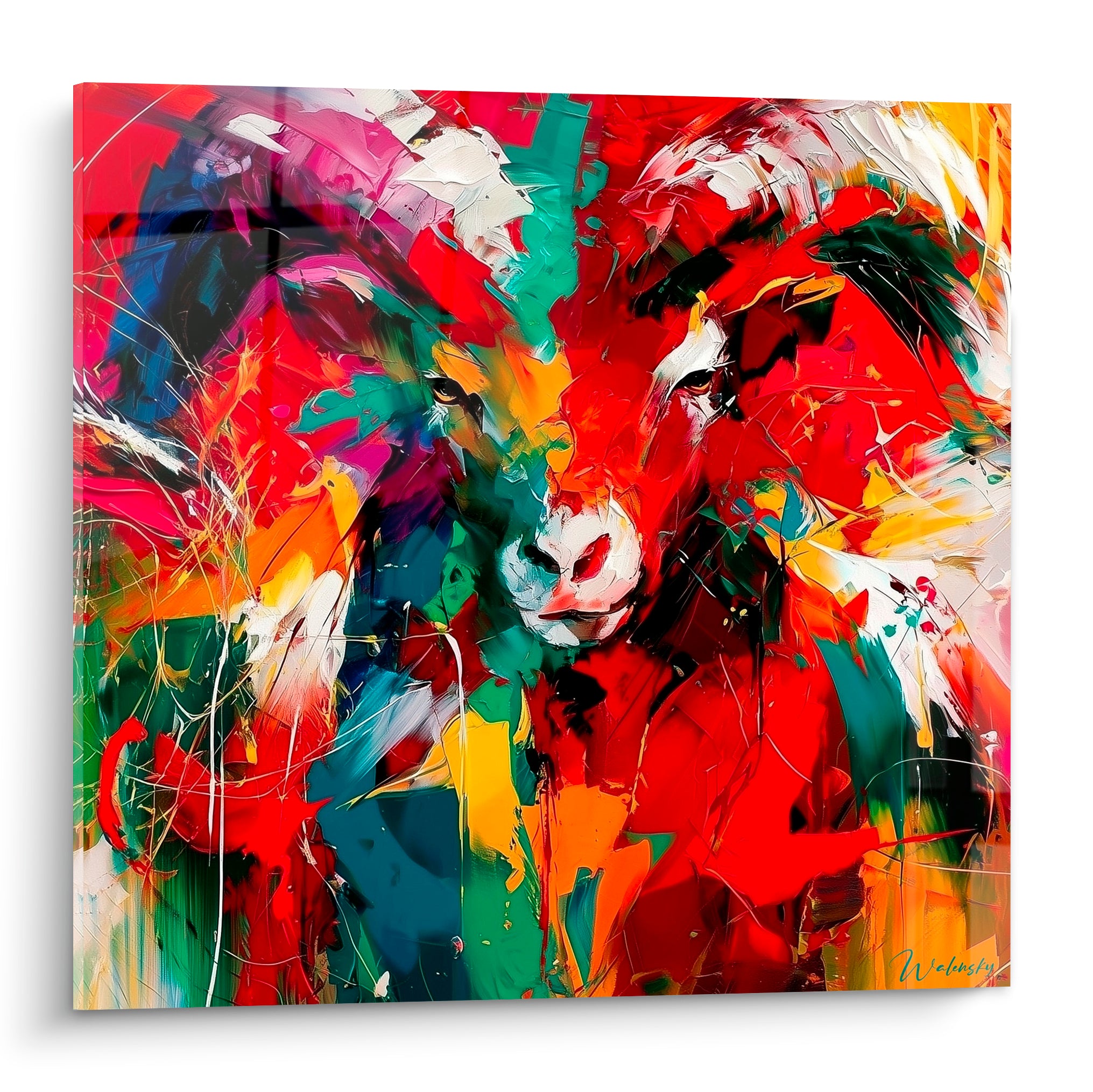 Bélier peint en rouge écarlate et vert émeraude, cornes dorées, matière expressive et gestuelle