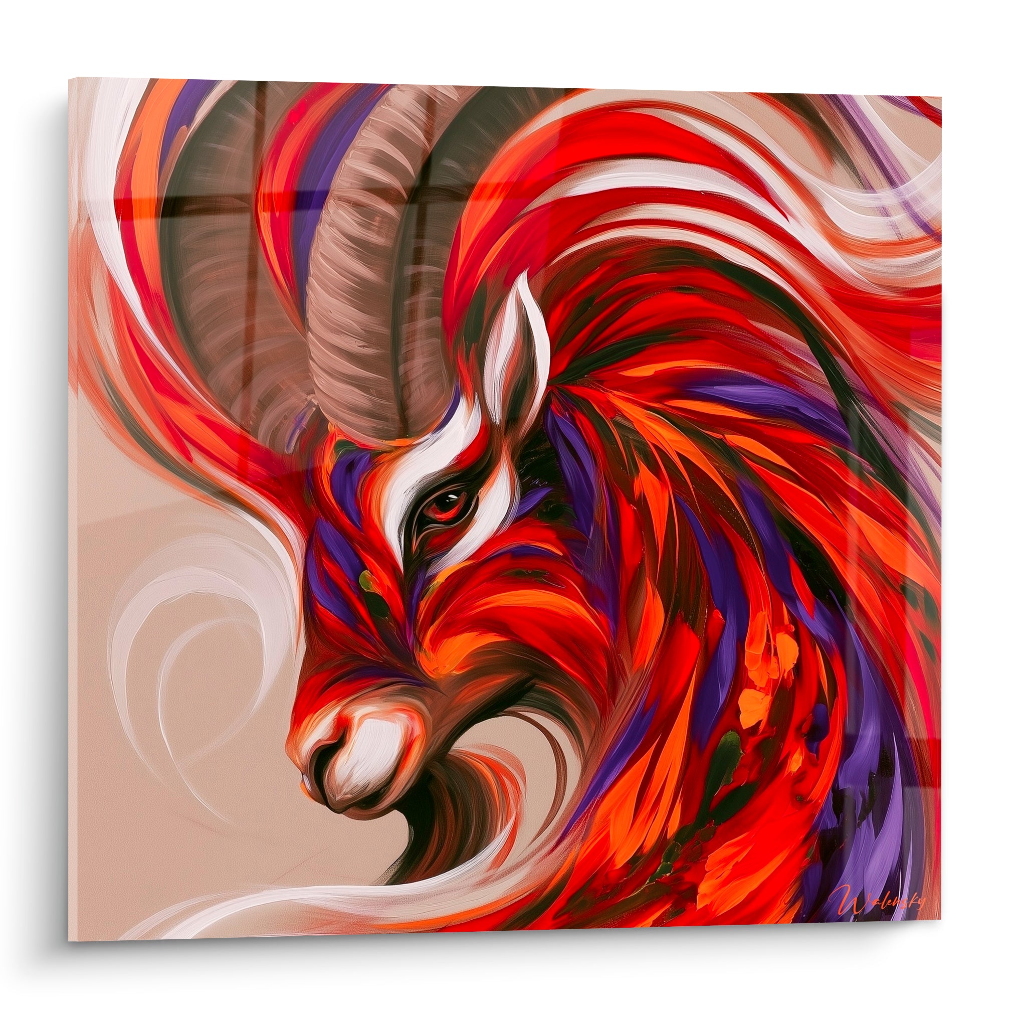 Bélier au profil orné de cornes brunes, crinière rouge et violette en volutes flamboyantes sur fond beige