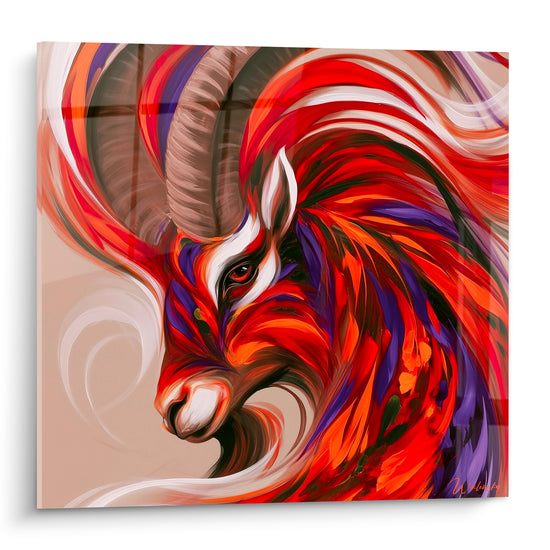 Bélier au profil orné de cornes brunes, crinière rouge et violette en volutes flamboyantes sur fond beige