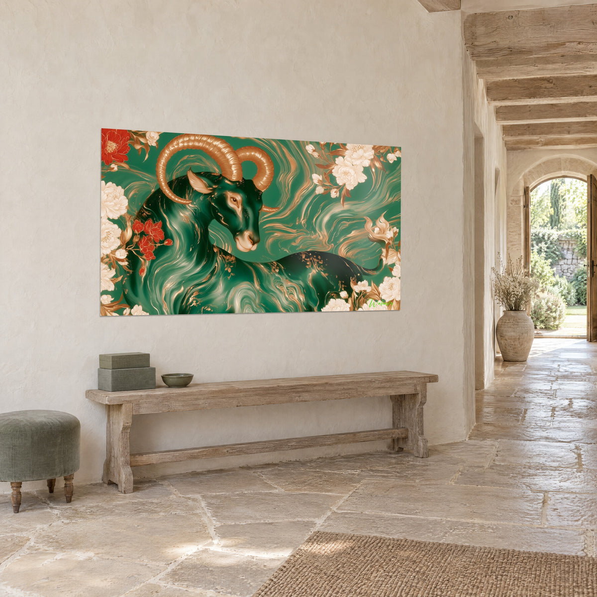 Wall art Goat with copper spiral horns, fir green and gold scrollwork, ivory peonies, whitewashed wall of a stone hallway