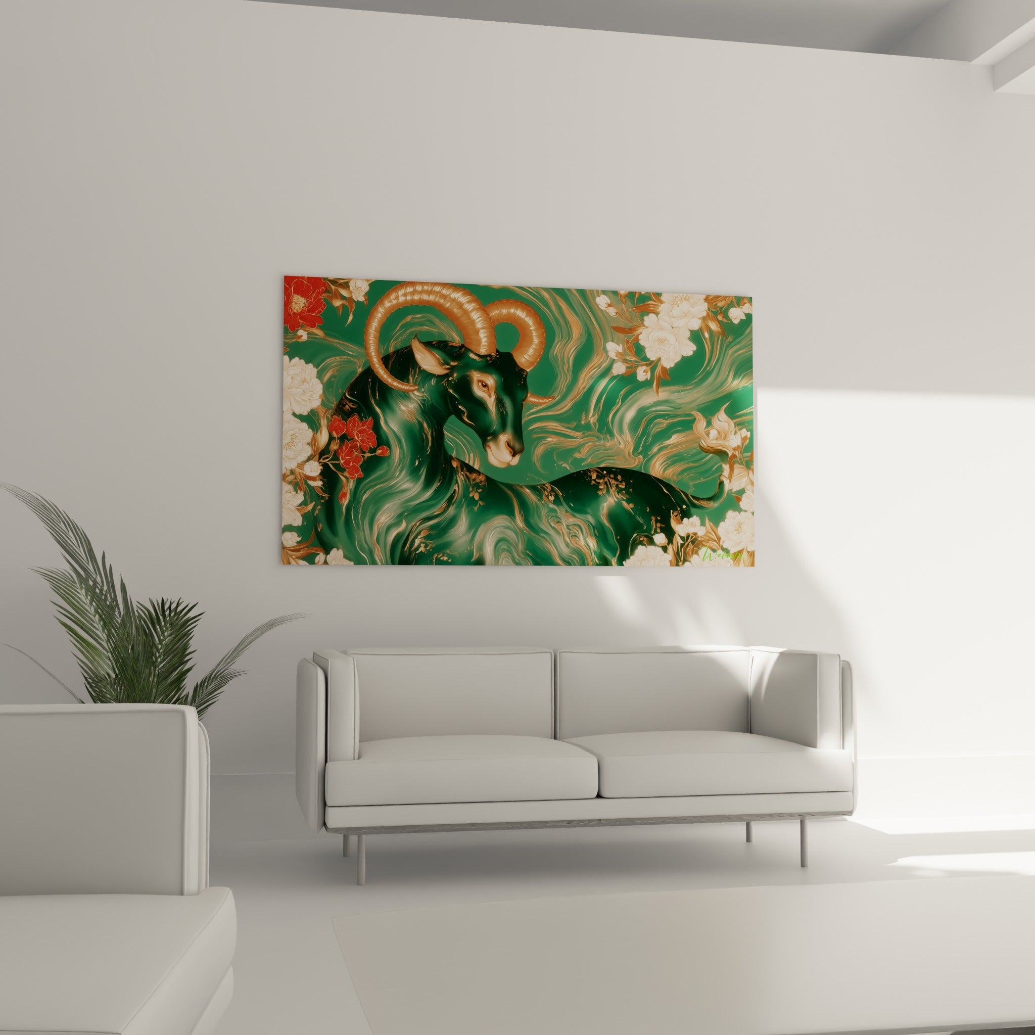 Cornes dorées du Bélier sur fond vert émeraude fleuri, au-dessus d'un canapé dans un salon lumineux