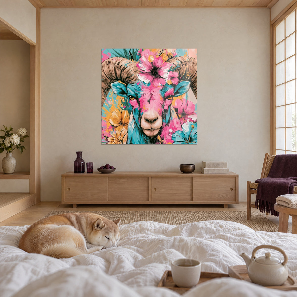 Cuadro retrato floral de carnero, nariz beige, mejillas rosas, flores amarillas y turquesa, un Shiba enroscado sobre el edredón, encima de una cama en un dormitorio luminoso