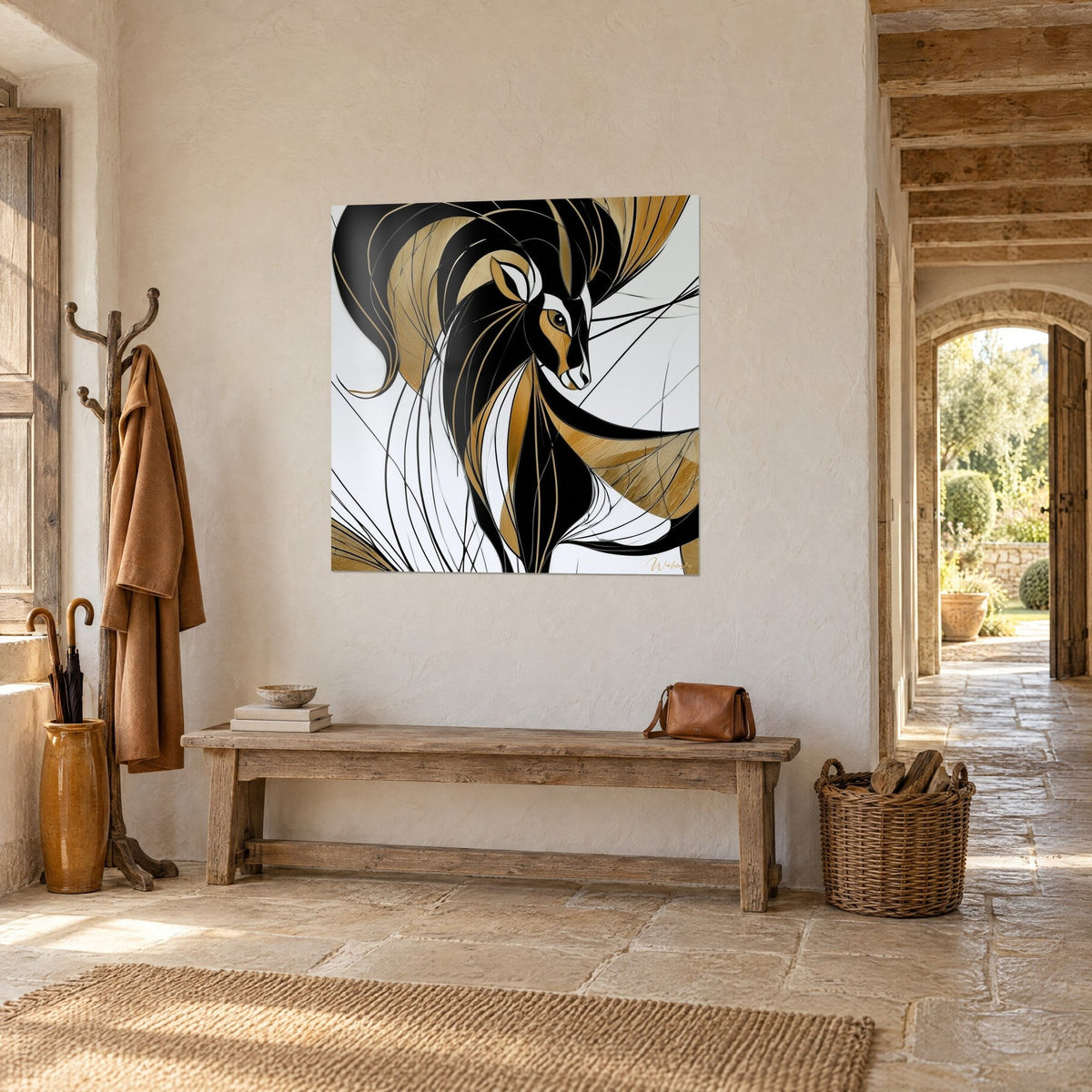 Tableau tête de bélier en aplats noirs et ocre doré, fines lignes blanches sinueuses, mur crépi près d'une arche de pierre