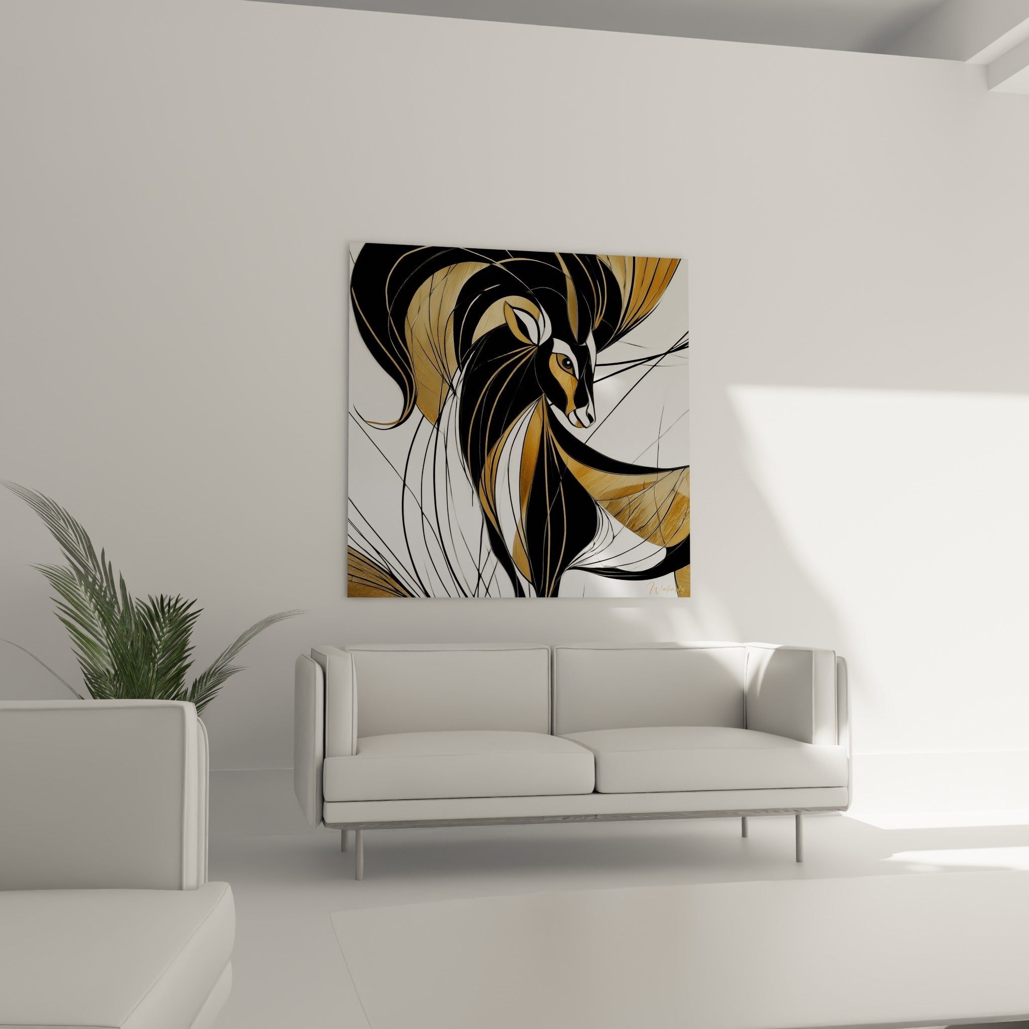 Silhouette du Bélier en lignes dorées et anthracite installée au-dessus d'un canapé dans un salon lumineux