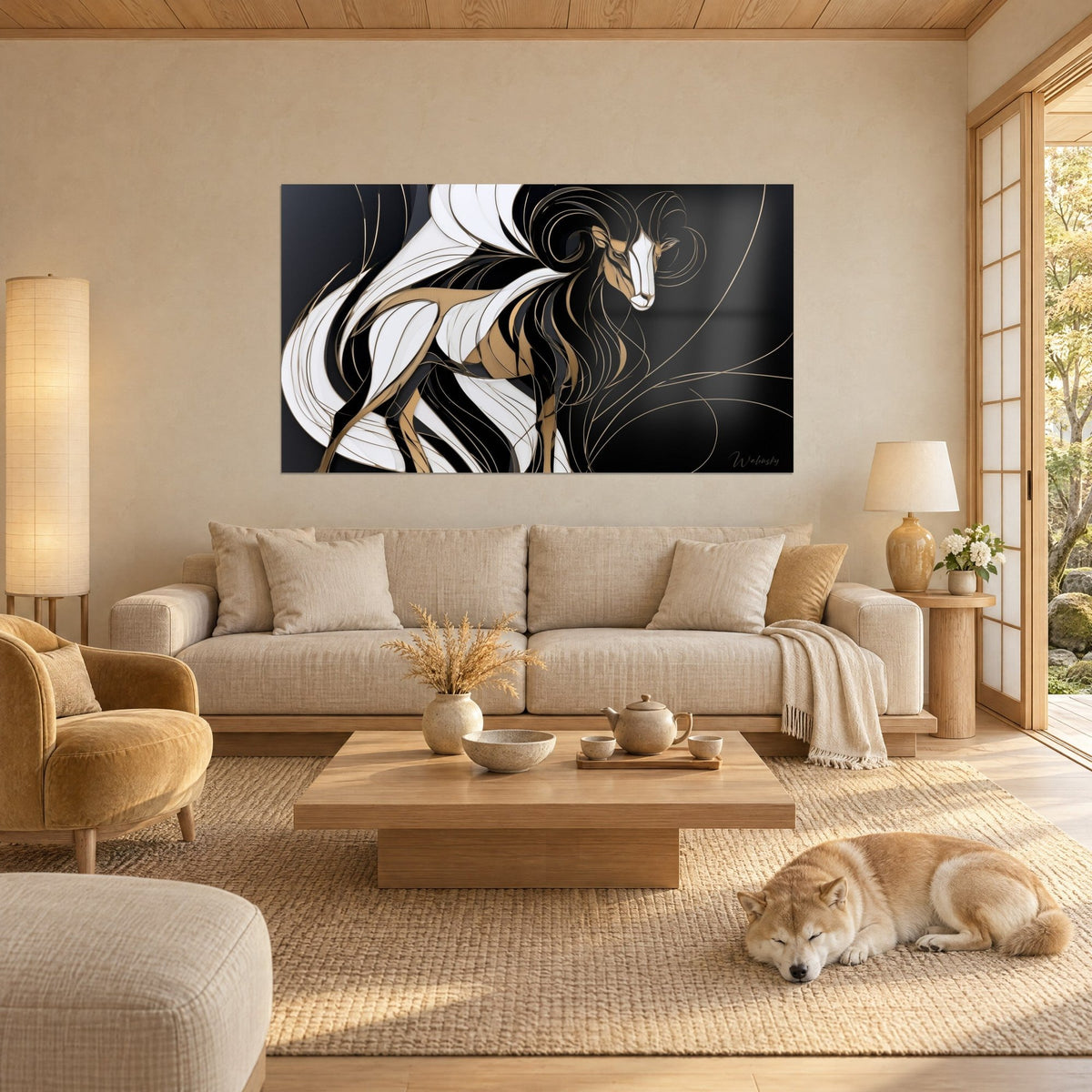 Tableau bélier stylisé aux cornes spiralées noires et crème, silhouette dorée, shiba endormi, au-dessus d'un canapé dans un salon lumineux