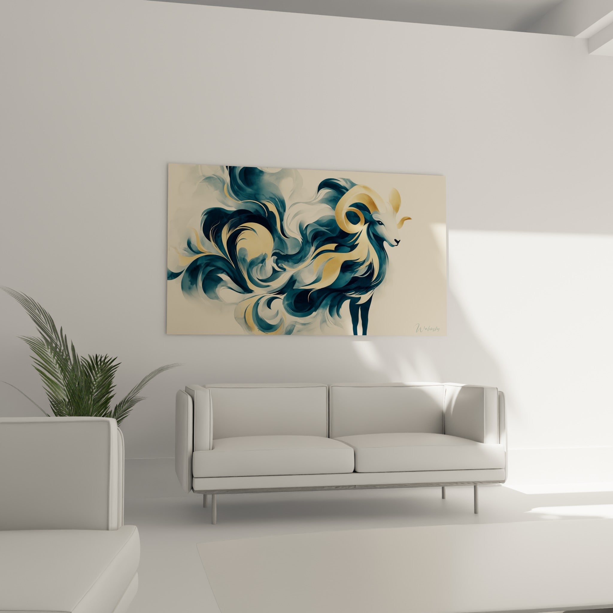 Silhouette animale stylisée en bleu profond et or, au-dessus d'un canapé dans un salon lumineux