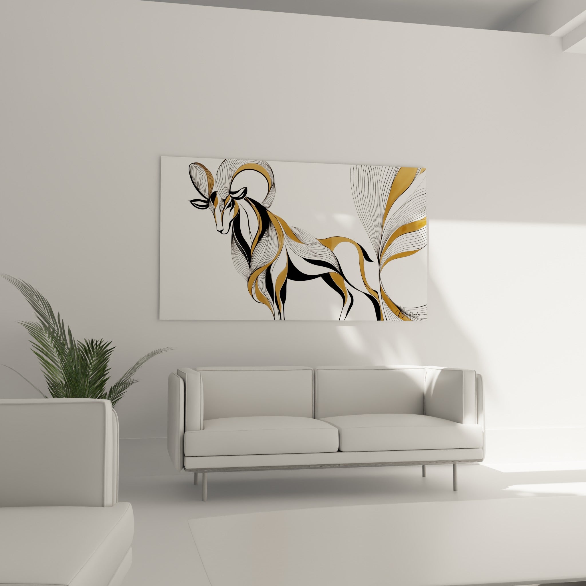 Silhouette longiligne du bélier aux teintes ocre et anthracite, suspendue au-dessus d'un canapé dans un salon lumineux