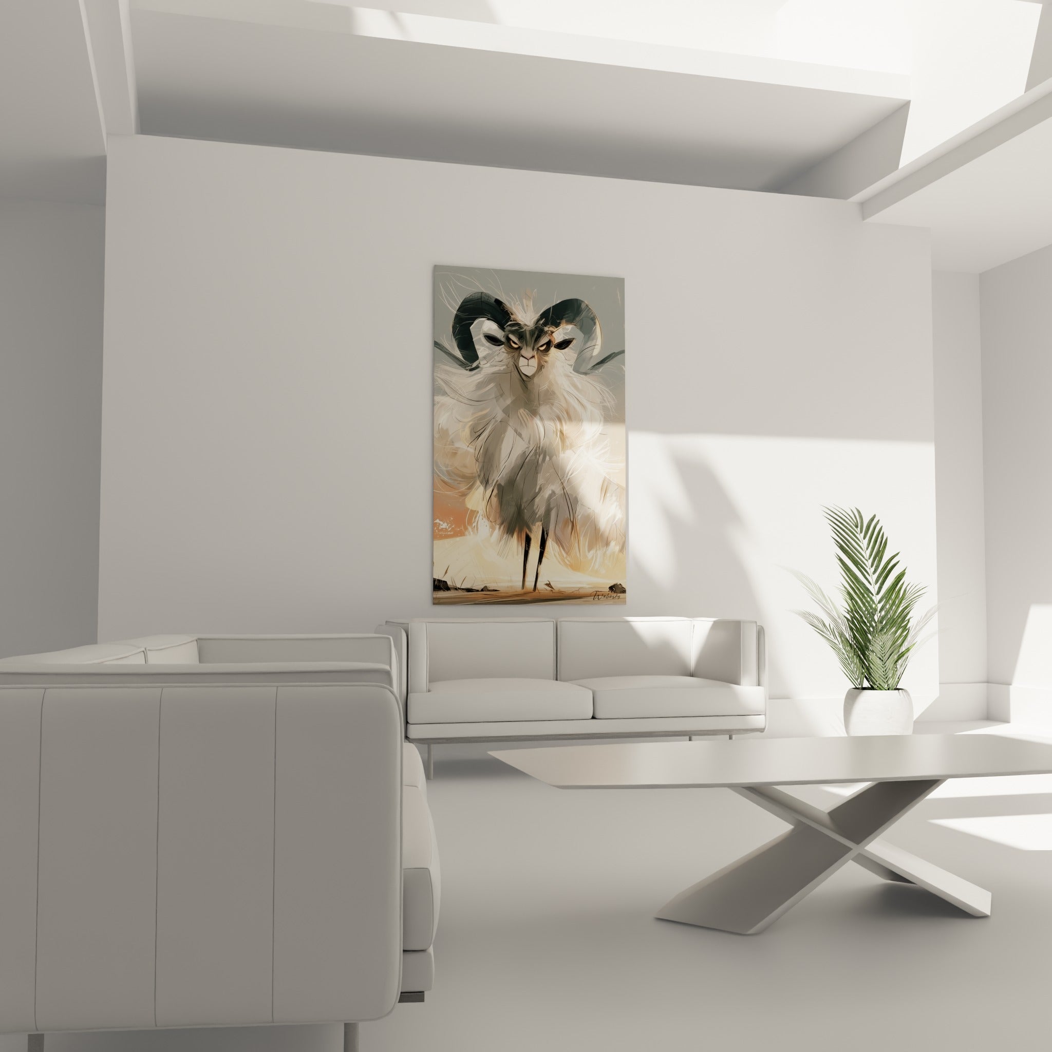 Silhouette du Bélier ocre et gris dressée fièrement au-dessus d'un canapé dans un salon lumineux