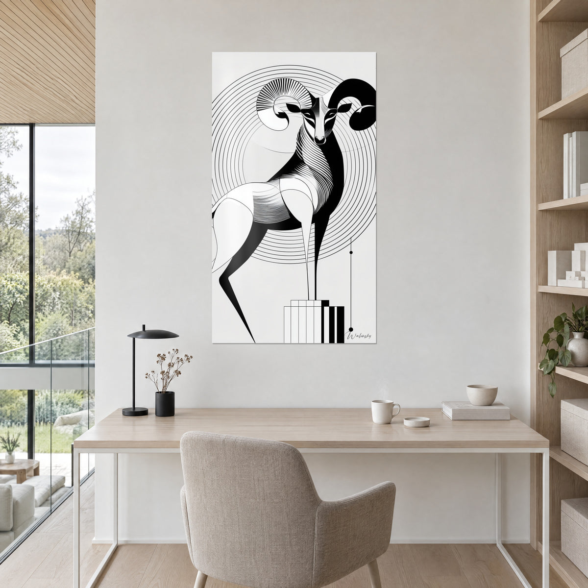 Πίνακας αρνί art deco με μαύρα σπειροειδή κέρατα, ανοιχτόγκρι ομόκεντροι κύκλοι, κρεμ τοίχος γραφείου από ανοιχτόχρωμο ξύλο