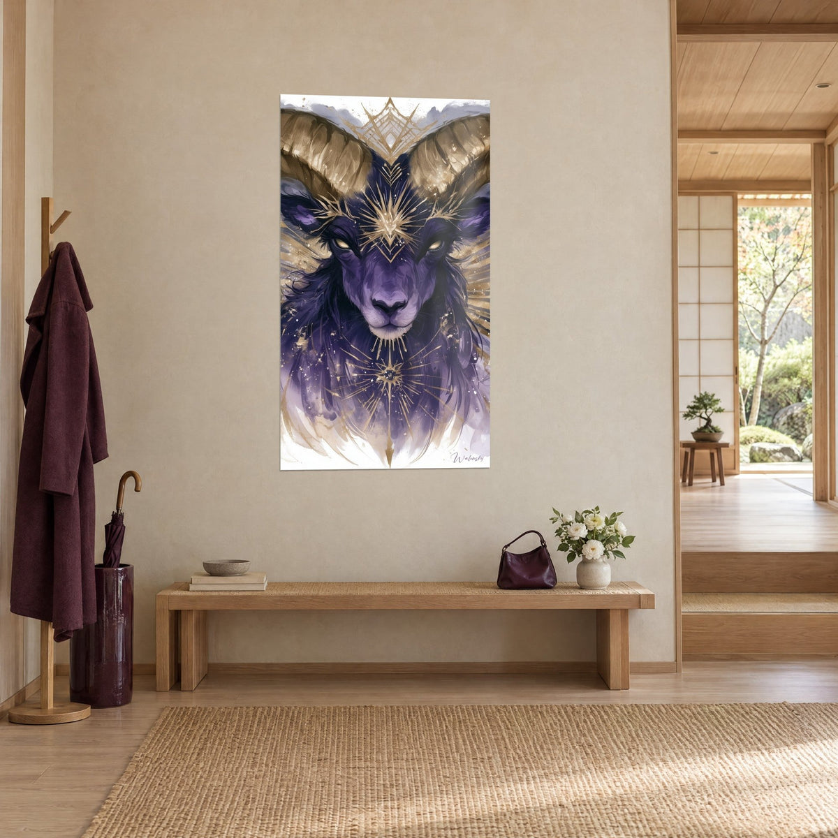 Cuadro oveja celestial de pelaje violeta profundo, ojos ámbar y gavillas doradas radiantes, vista de tres cuartos, entrada estilo japandi