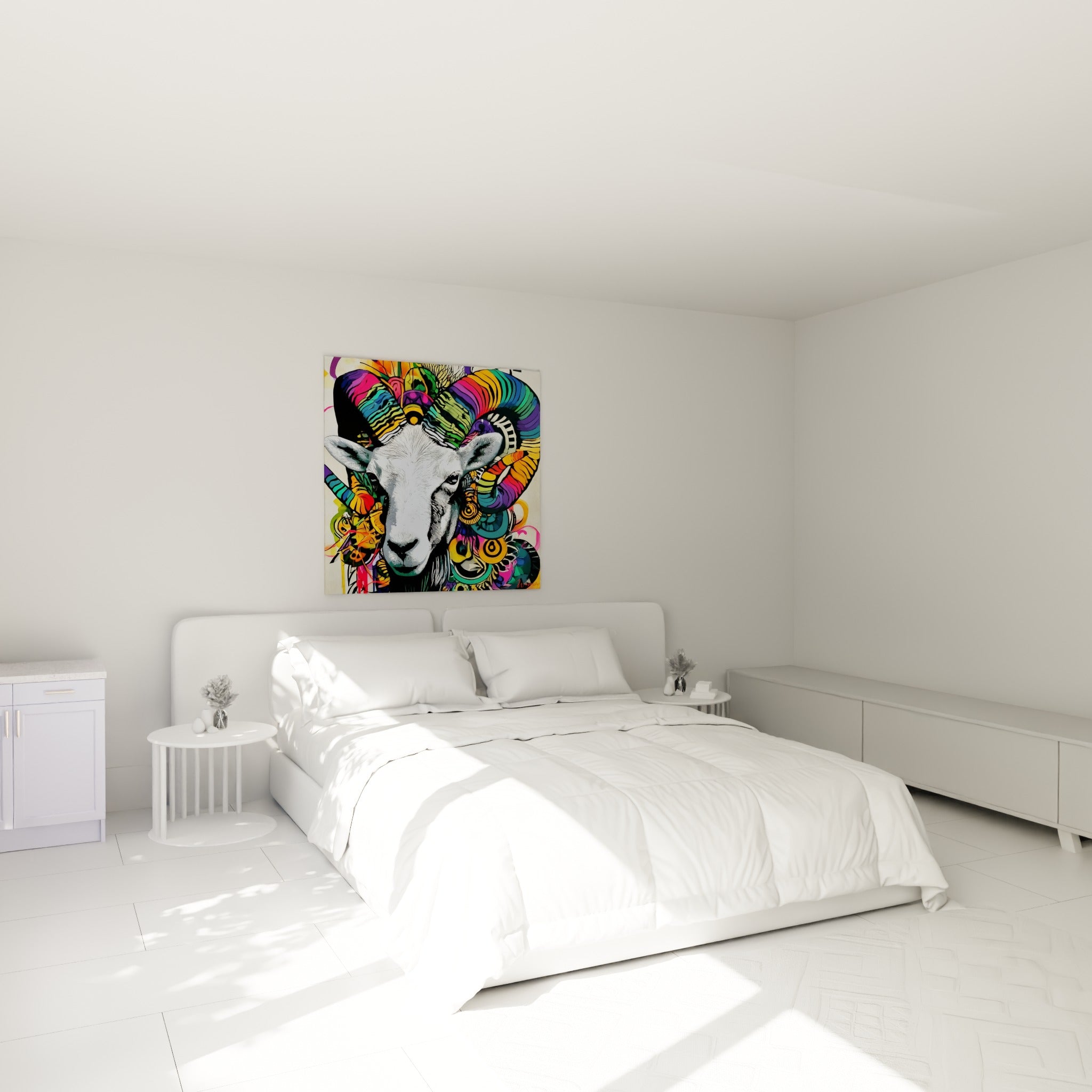 Cornes multicolores et museau blanc du Bélier accrochés au-dessus d'un lit dans une chambre claire