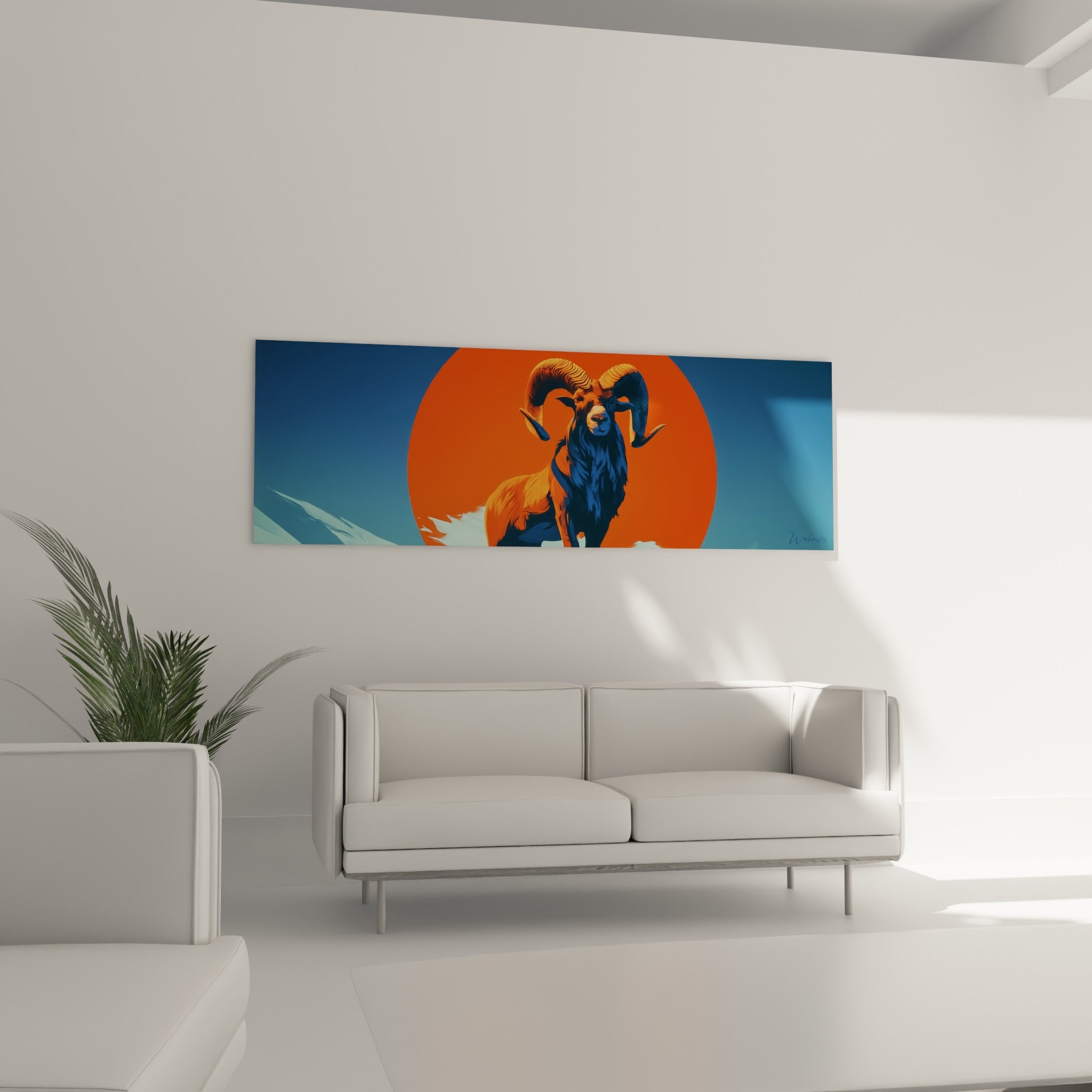 Silhouette bleu nuit du Bélier devant le soleil orange, suspendue au-dessus d'un canapé dans un salon lumineux