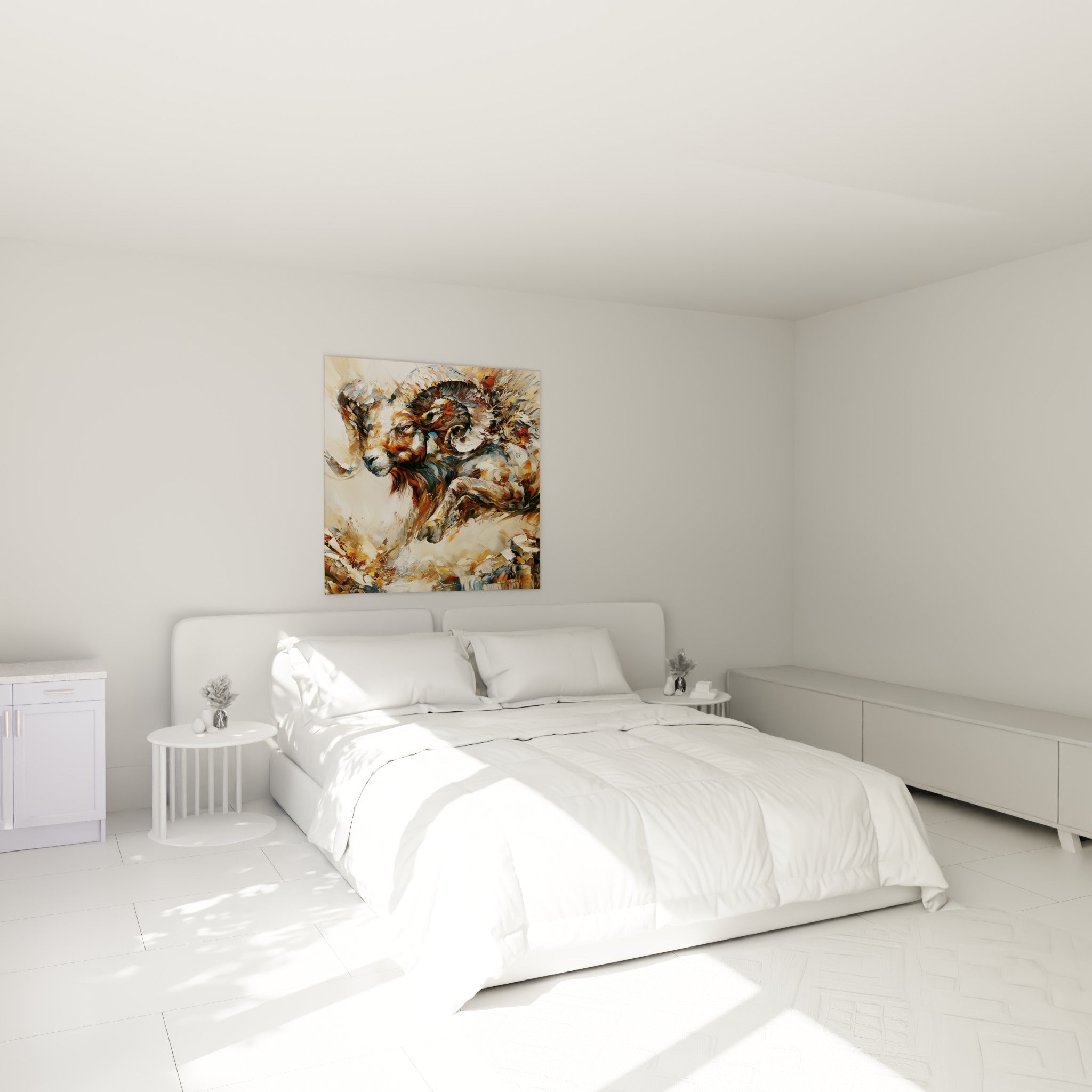 Cornes torsadées d'un bélier terracotta et anthracite, accroché au-dessus d'un lit dans une chambre claire
