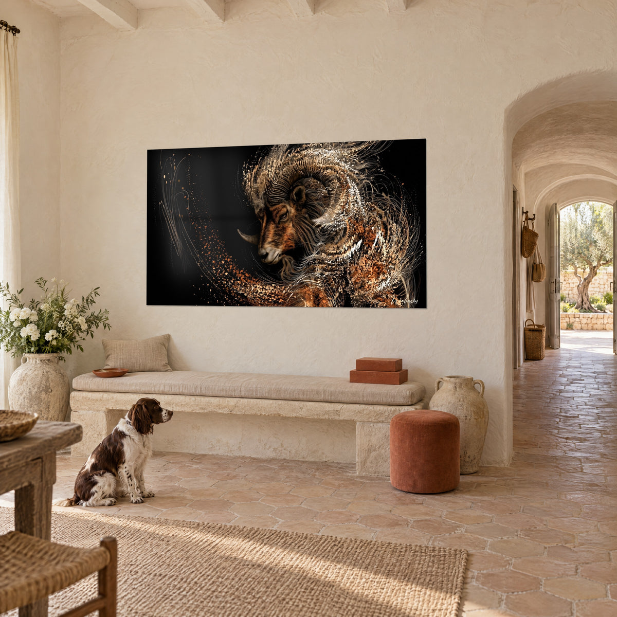 Gemälde Mufflon mit goldenen Schnörkeln und kupferfarbenen fliegenden Haaren auf schwarzem Grund, cremefarbene Wand des Mas, ein Spaniel sitzt neben der Bank
