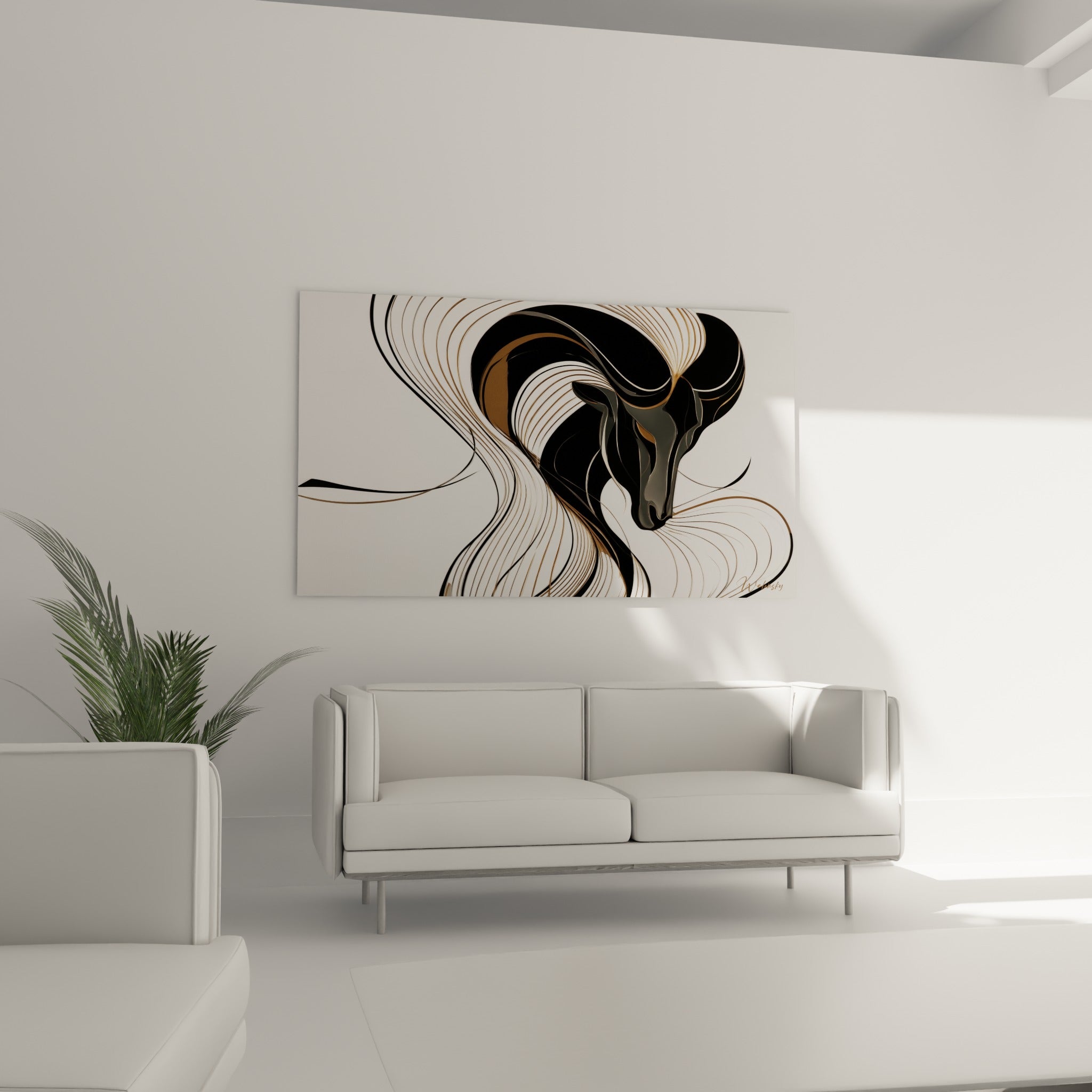 Tête de bélier noir laqué entourée de lignes dorées ondulantes, au-dessus d'un canapé dans un salon lumineux