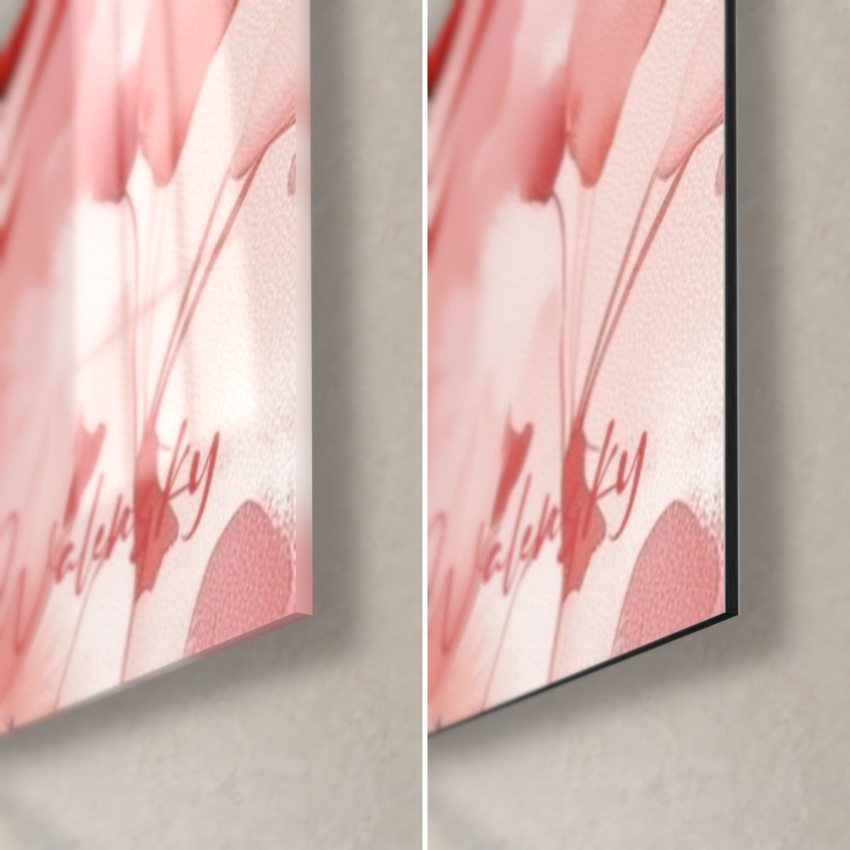 Gemälde Widderporträt, untere rechte Ecke: glänzendes Acrylglas mit rosa Reflexen, mattschwarzes Dibond und 3 mm Kante