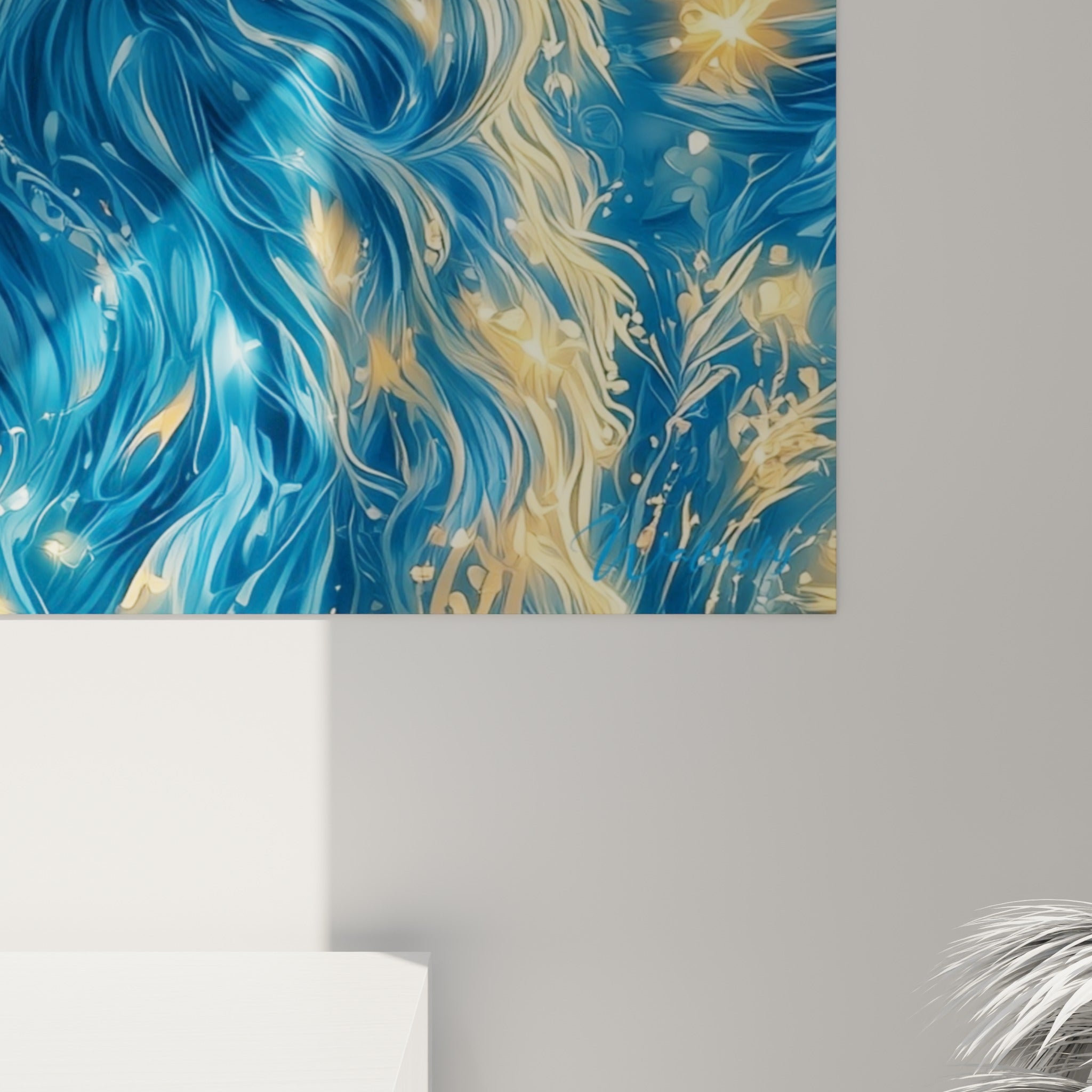 Détail des textures ondulées bleu profond et touches dorées granuleuses de la toison peinte du bélier