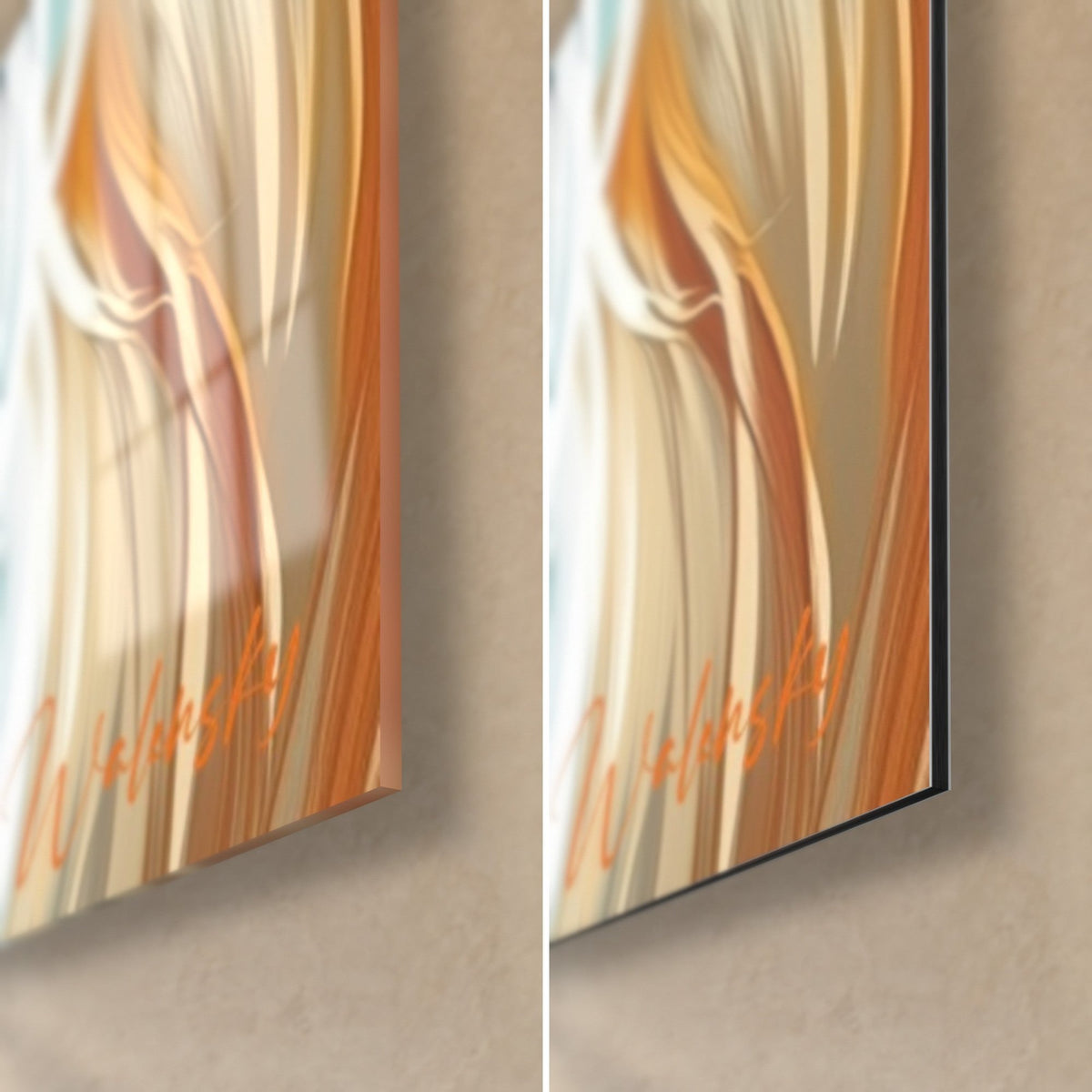 Tableau bélier stylisé, coin bas droit : verre acrylique brillant et reflets à gauche, alu Dibond mat à droite, tranche de 3 mm