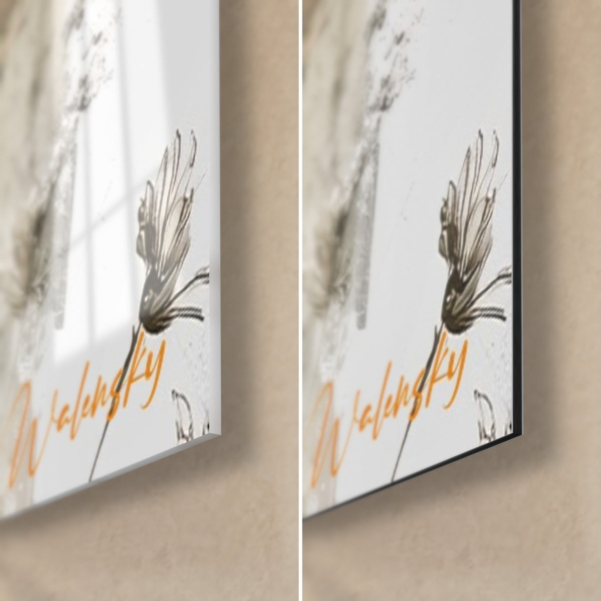 Schilderij ram in oker en crème, grijze bloem en oranje Walensky-handtekening, rechtsonder hoek in glanzend glas en mat Dibond