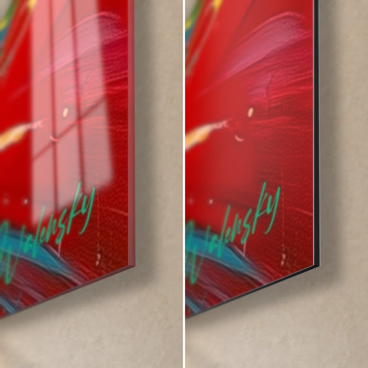Wall art red ram, bottom right corner: glossy acrylic glass with reflections, matt Dibond aluminium, 3 mm edge and turquoise signature