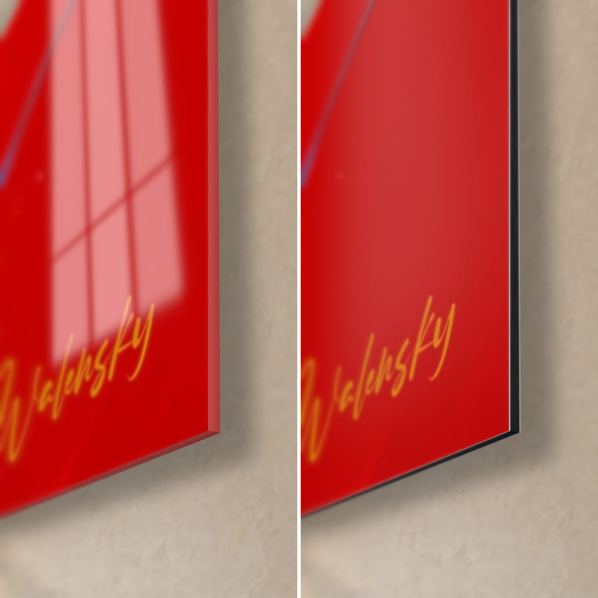 Gemälde Widder in leuchtendem Rot, untere rechte Ecke: glänzendes Acrylglas links, mattschwarzes Alu-Dibond rechts, goldene Signatur Walensky