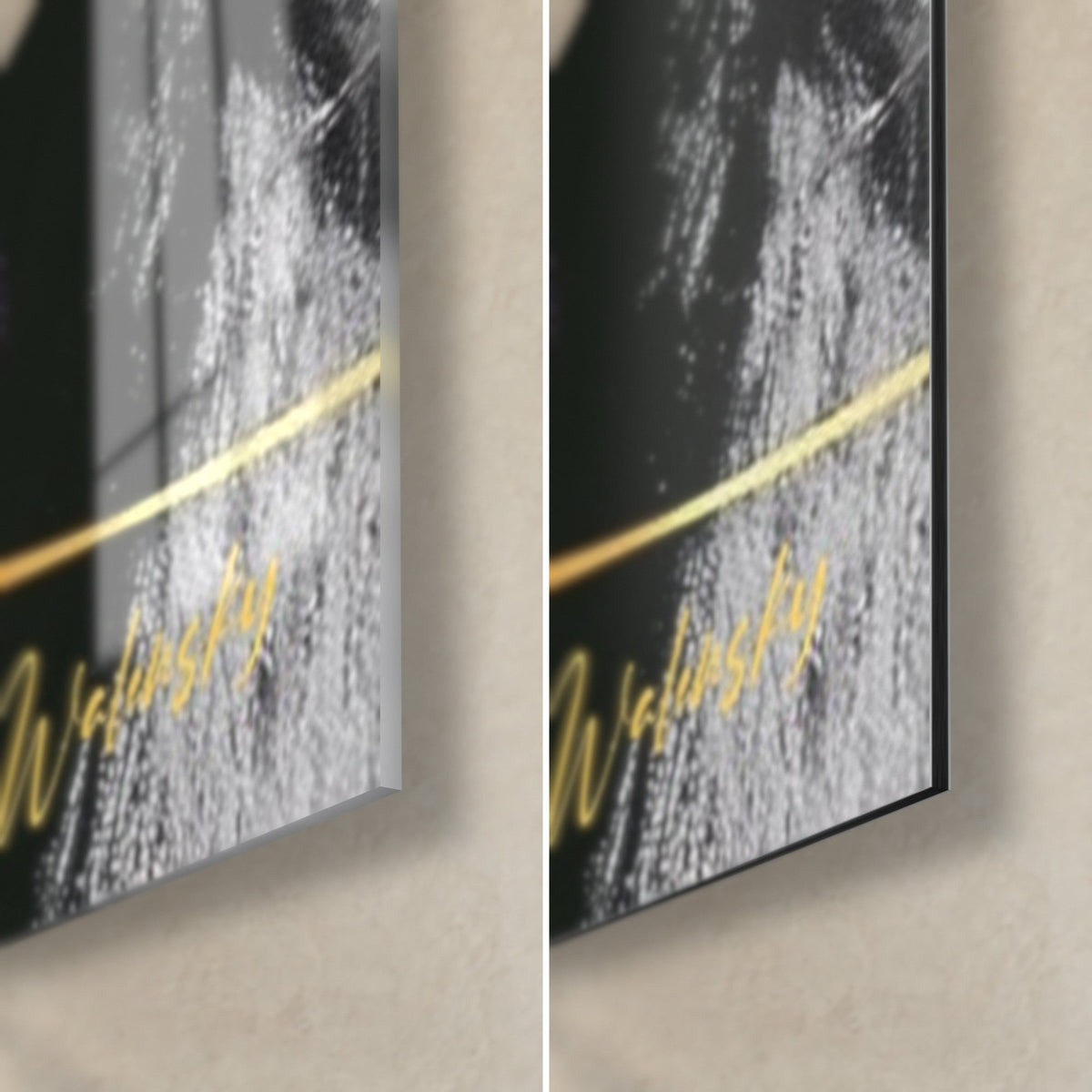 Cuadro carnero en gris y negro, esquina inferior derecha: cristal acrílico brillante a la izquierda, aluminio Dibond mate a la derecha, canto de 3 mm y firma dorada