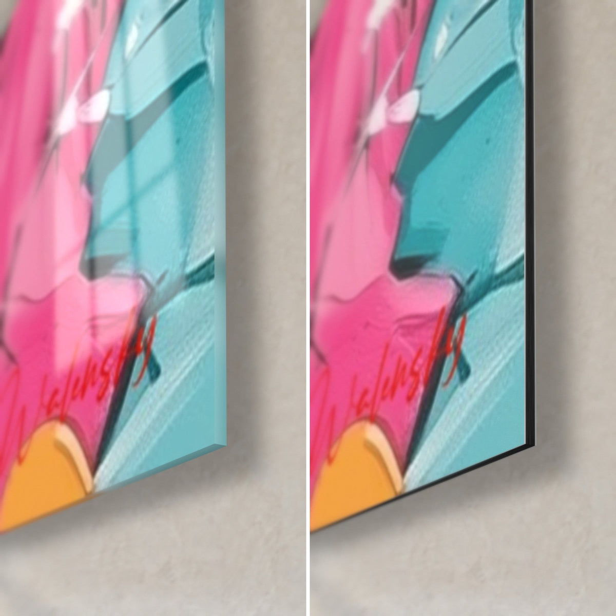 Schilderij grafische ram, rechtsonder: glanzend glas met reflecties op turquoise, mat Dibond rechts, zwarte rand van 3 mm
