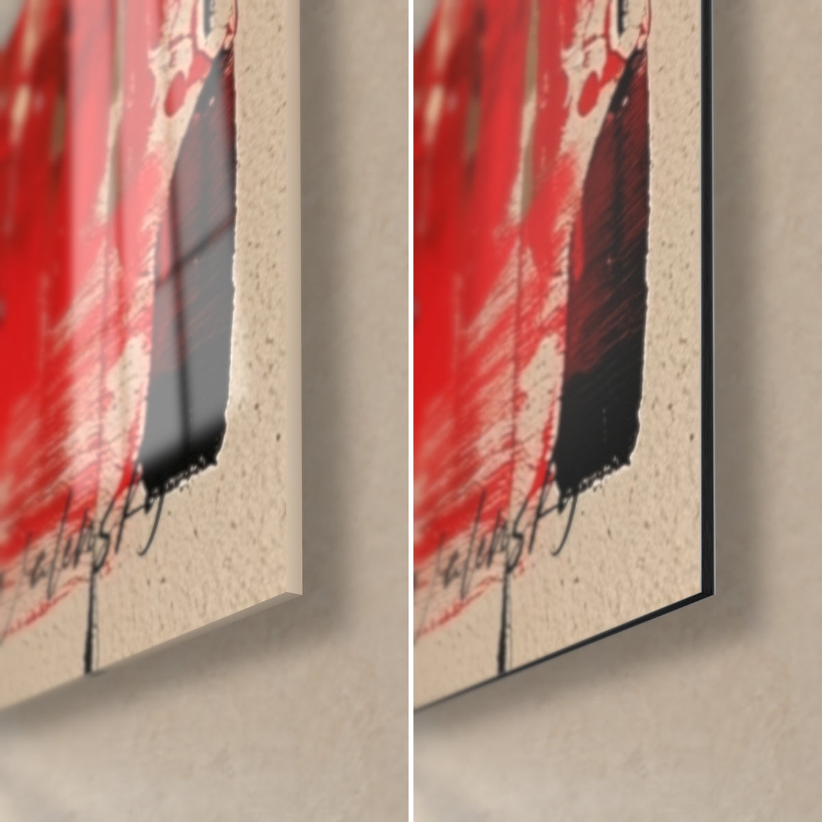 Gemälde Widdergesicht mit ockerfarbenen Hörnern, untere rechte Ecke: glänzendes Acrylglas mit Reflexen links, mattschwarzes Dibond rechts