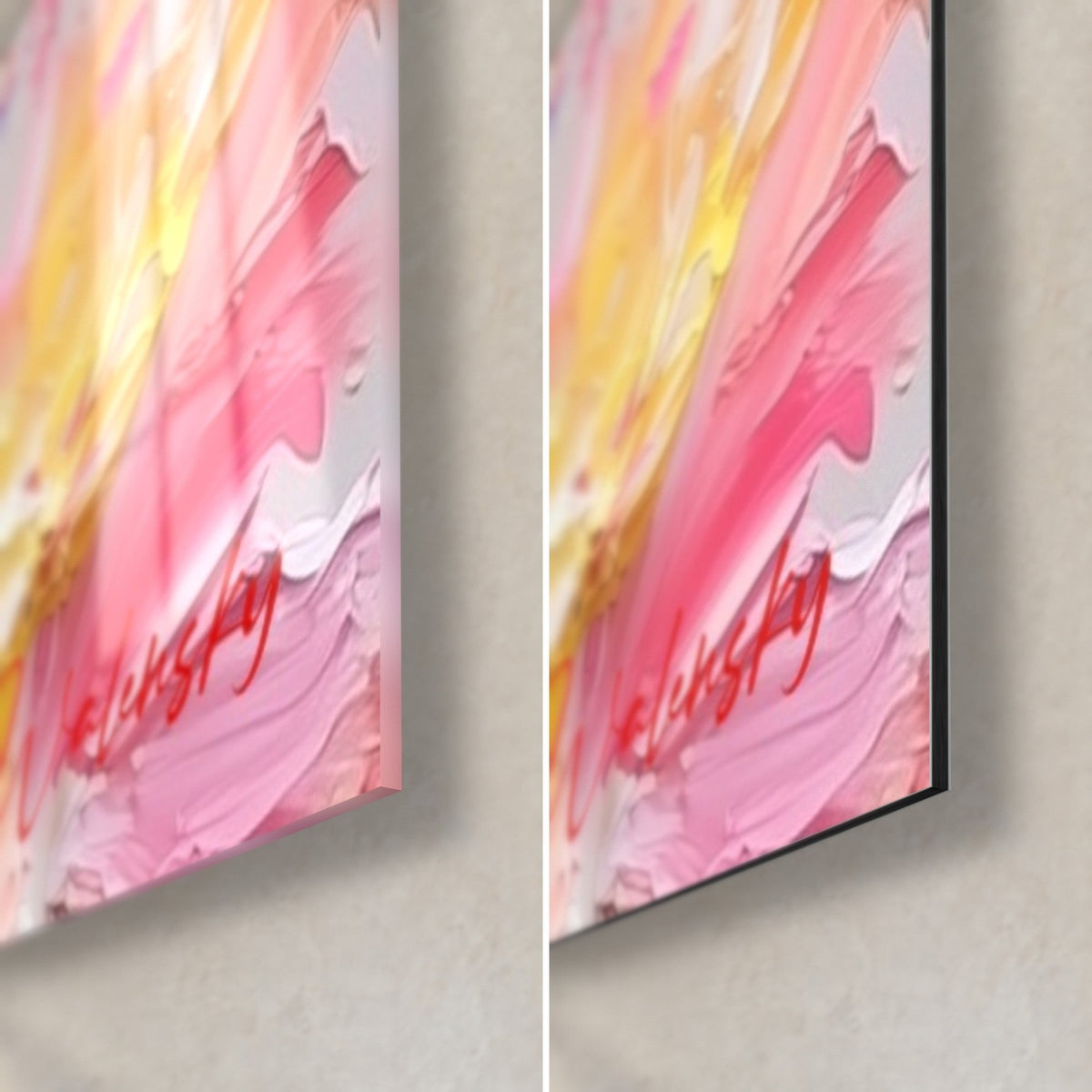 Schilderij ram met roze en gele spatten, rechtsonder: glanzend acrylglas links, mat Dibond-aluminium rechts