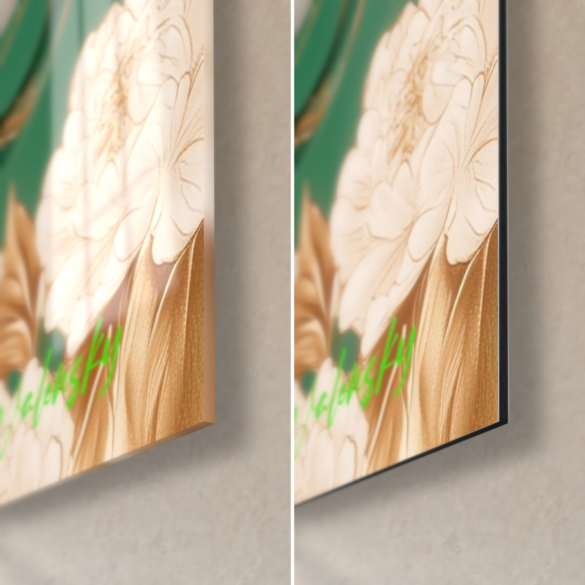 Tableau bélier vert émeraude, coin bas droit : pivoine crème et feuilles cuivrées, verre brillant à gauche, Dibond mat à droite