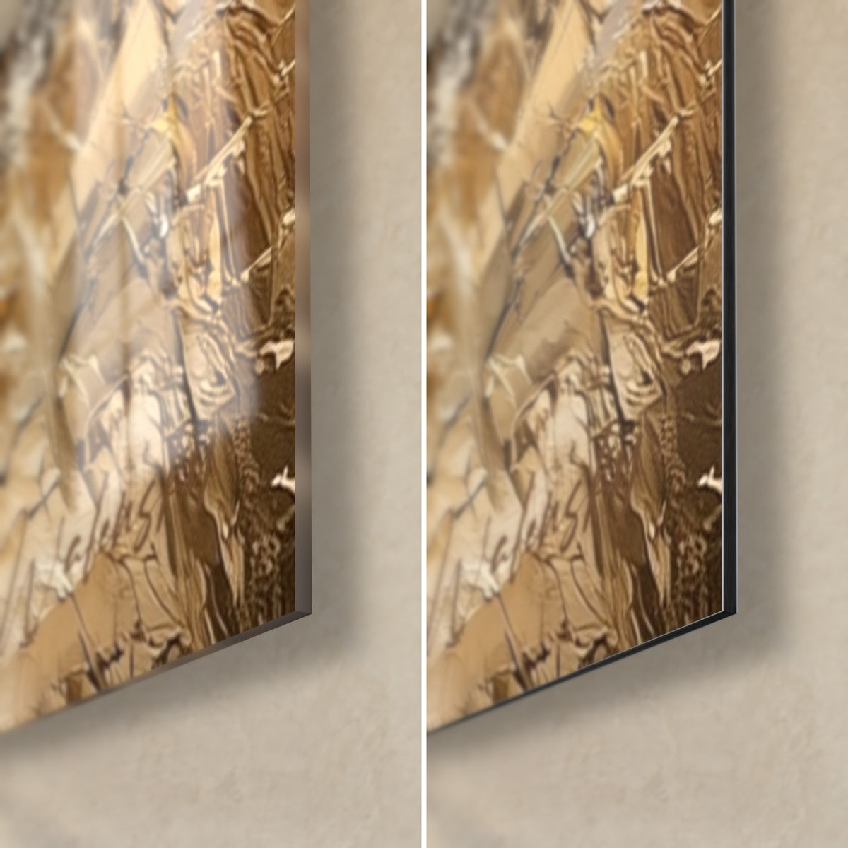 Tableau tête de bélier aux cornes brunes, coin bas droit : verre acrylique brillant à gauche, alu Dibond mat à droite, tranche de 3 mm