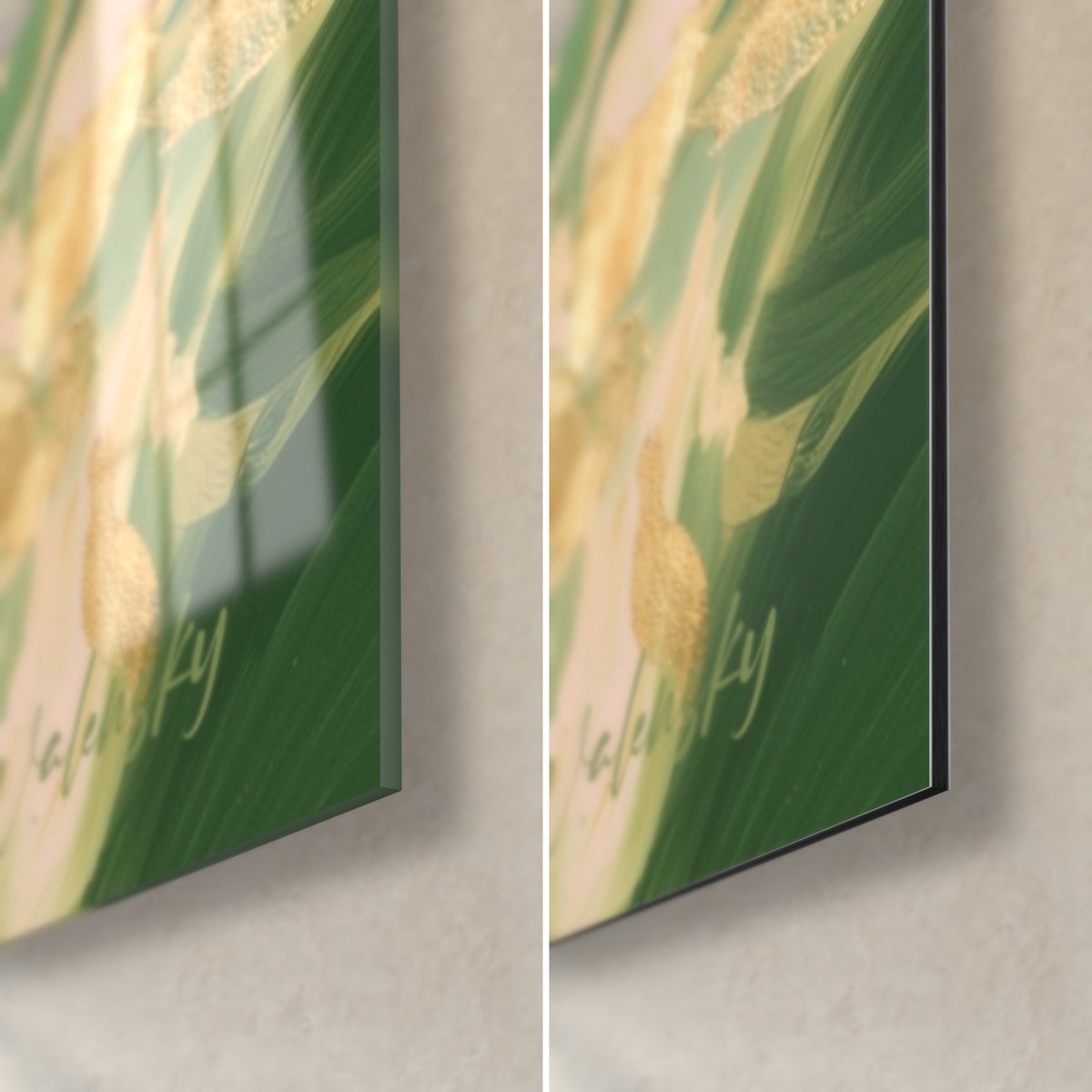 Wall art sage green and gold swirl, bottom right corner: glossy glass on the left, matte Dibond on the right, 3 mm edge